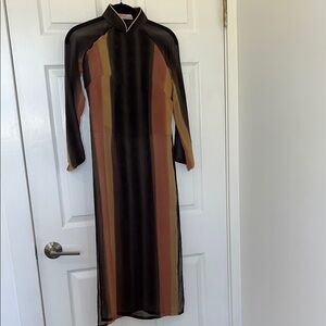 Vintage America Brown Tan Sheath Dress with Bishop Sleeves